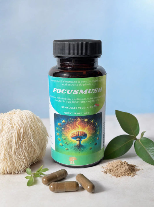 Flacon de FocusMush posé avec du Ginseng Panax, Lion's Mane et Chaga