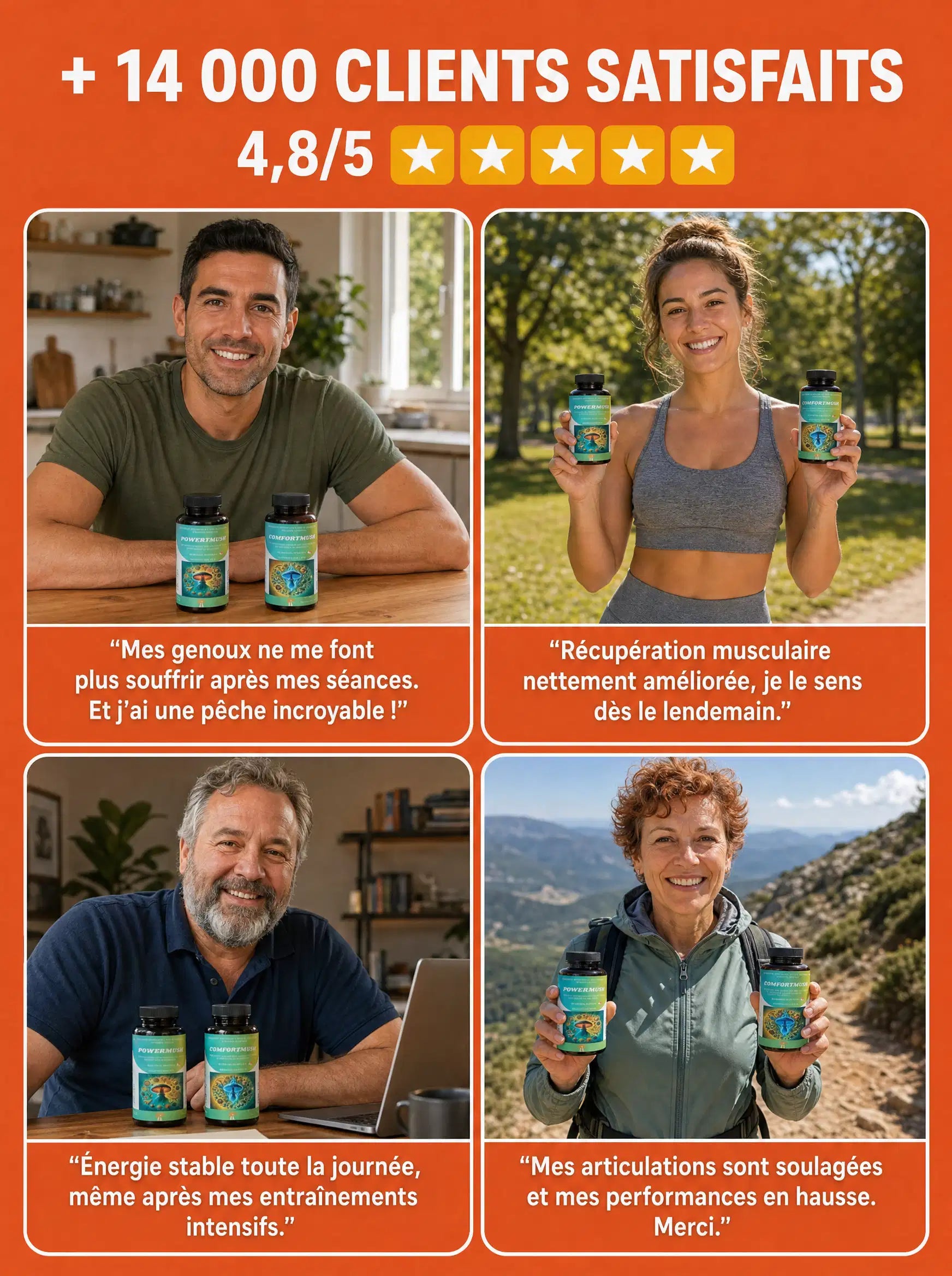 Témoignages de 4 clients satisfaits du Pack Énergie & Récupération, note moyenne 4,8/5