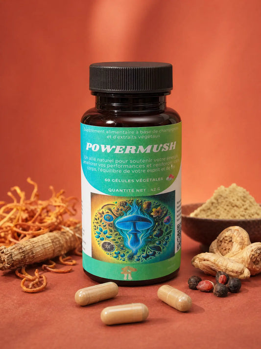 Flacon de PowerMush posé avec du Cordyceps et du Guarana