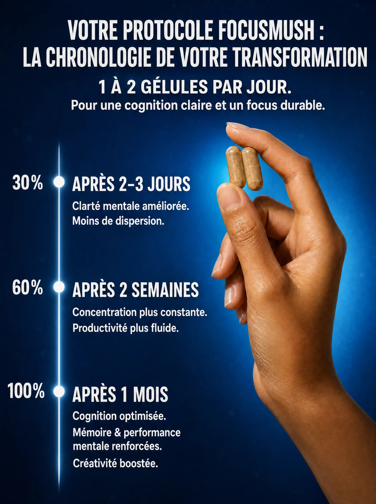 Chronologie du protocole FocusMush : résultats à 2-3 jours, 2 semaines et 1 mois
