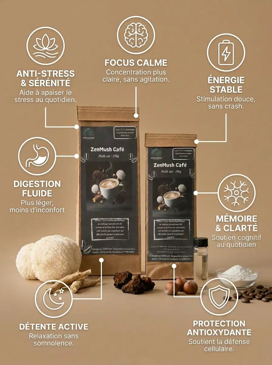 Infographie des bienfaits de ZenMush Café : anti-stress, focus calme, énergie stable, digestion fluide, mémoire et clarté, protection antioxydante, détente active