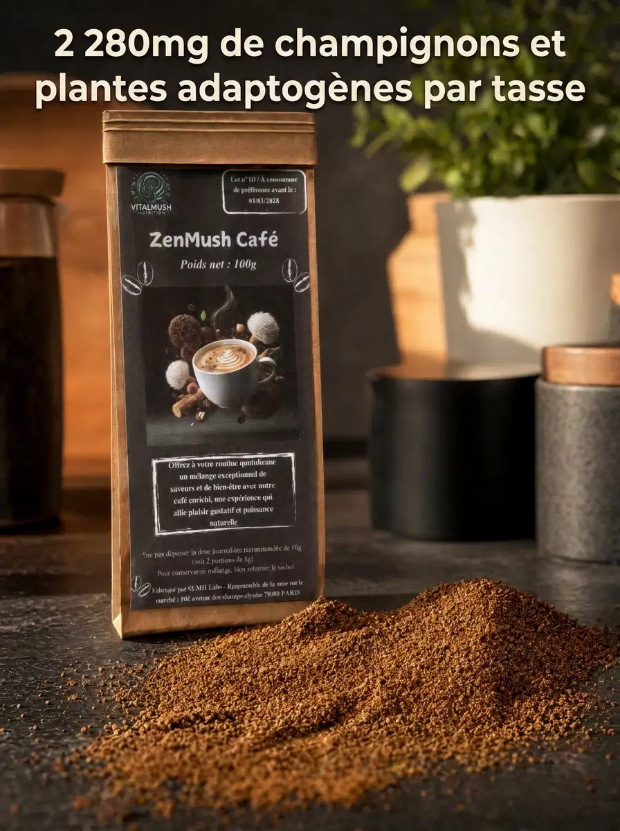 Sachet de ZenMush Café avec du café moulu, dosage de 2280 mg de champignons et plantes adaptogènes par tasse