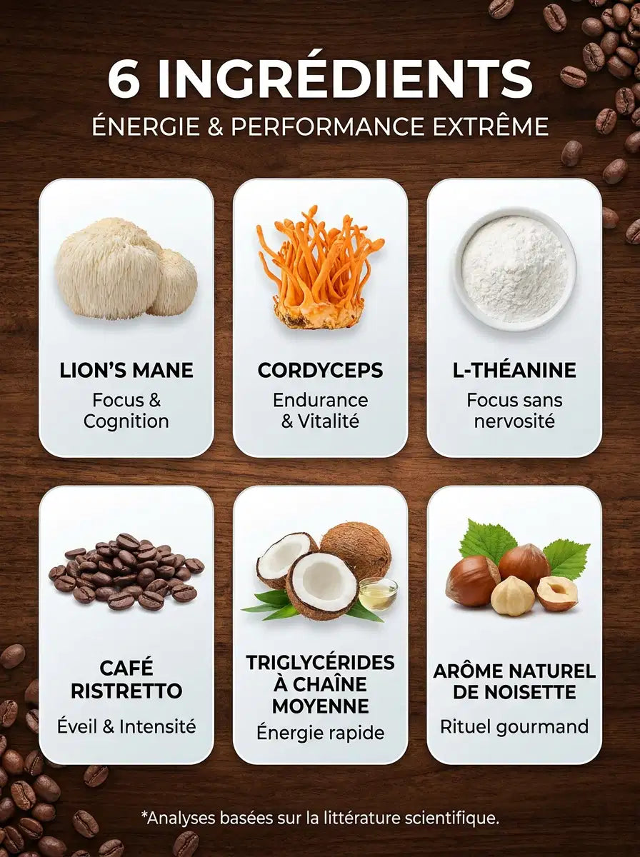 Sachet de VitalMush Café avec du café moulu renversé sur le plan de travail