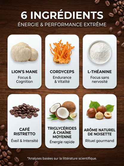 Sachet de VitalMush Café avec du café moulu renversé sur le plan de travail