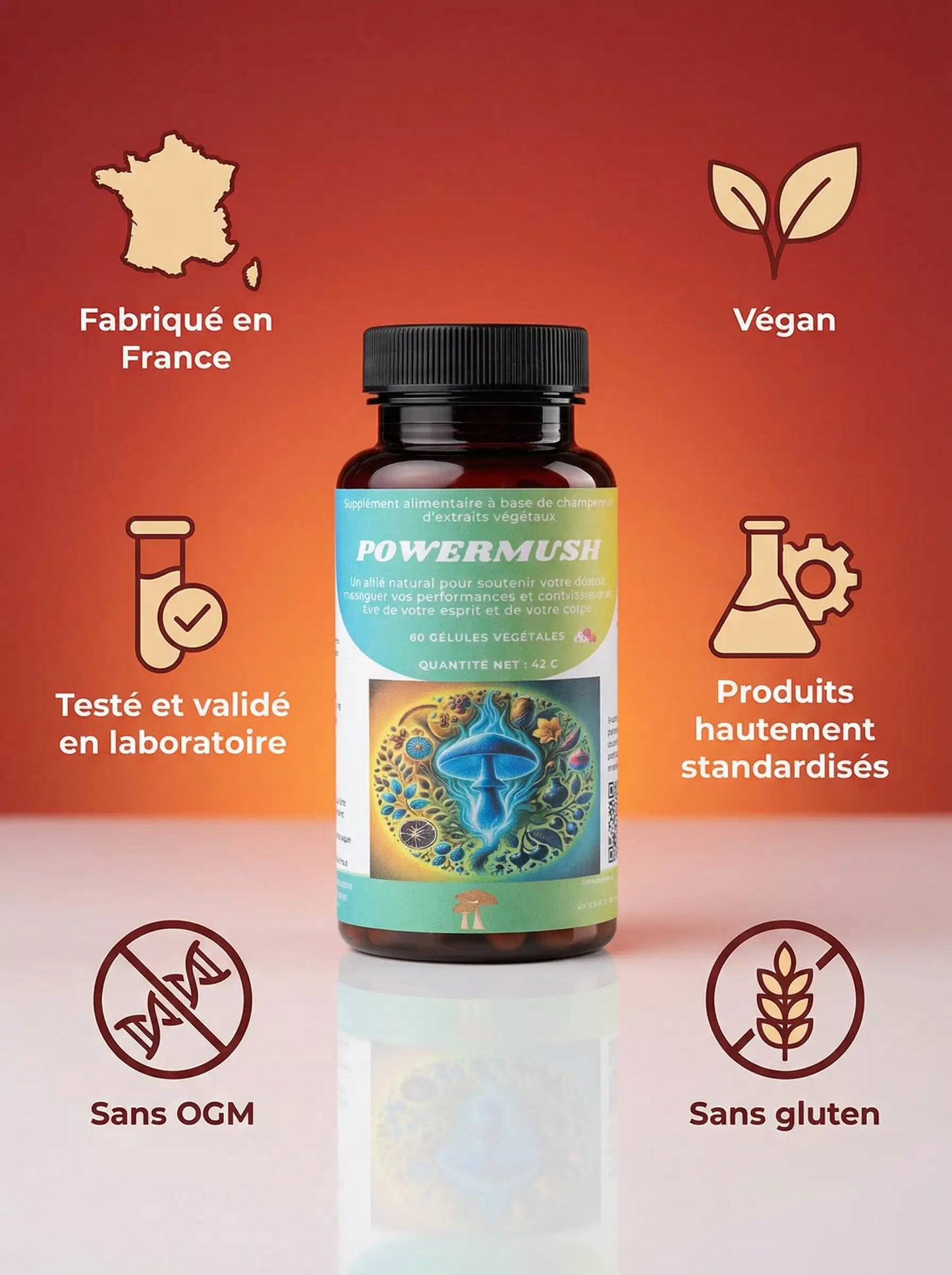 Badges de certification PowerMush : fabriqué en France, végan, sans OGM, testé en laboratoire