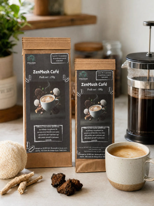 Sachet de ZenMush Café aux champignons adaptogènes (Lion's Mane, Chaga) posé à côté d'une tasse de café et d'une cafetière à piston