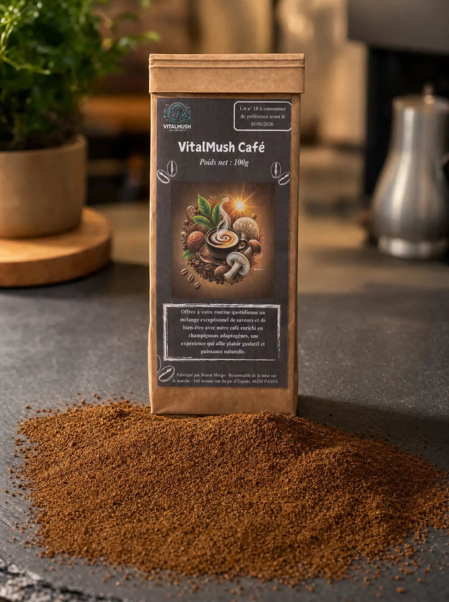 Sachet de VitalMush Café aux champignons adaptogènes en cuisine
