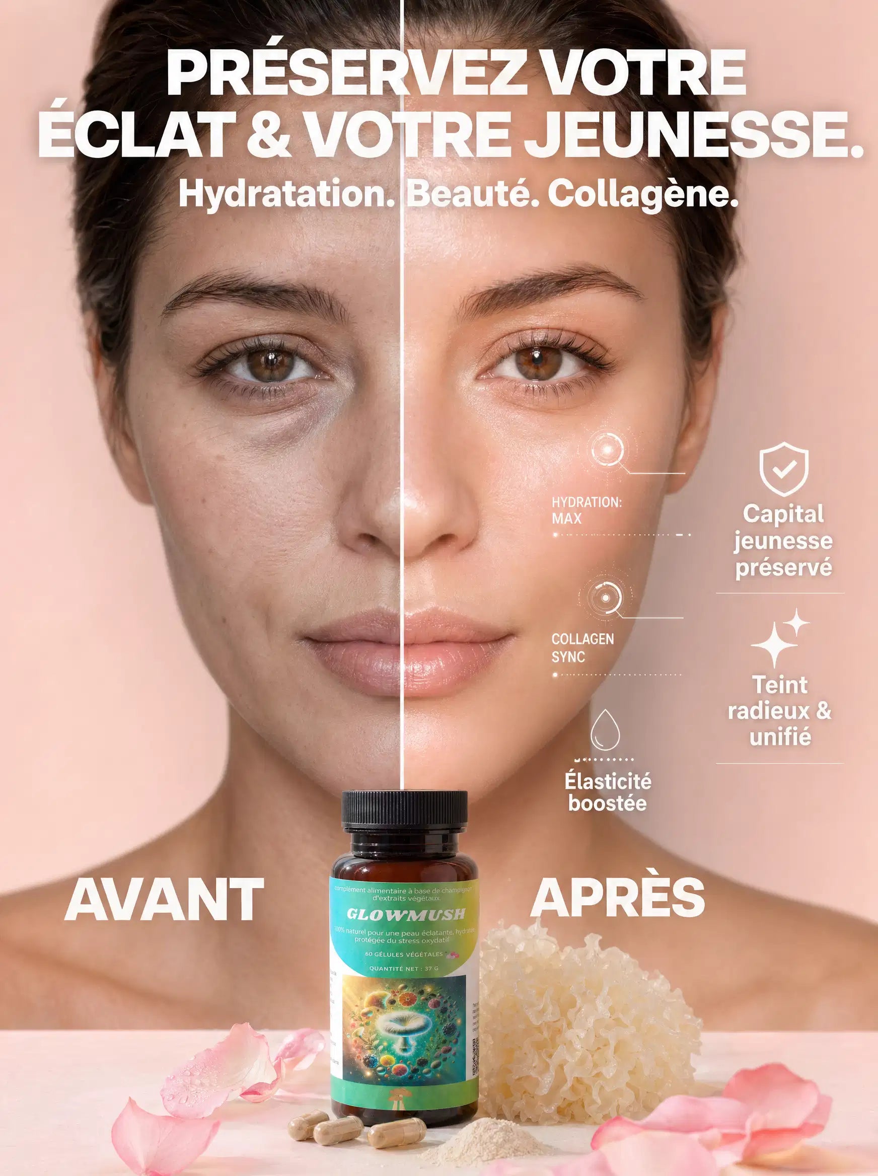 Visuel avant/après illustrant l'effet de GlowMush sur l'éclat et l'hydratation de la peau