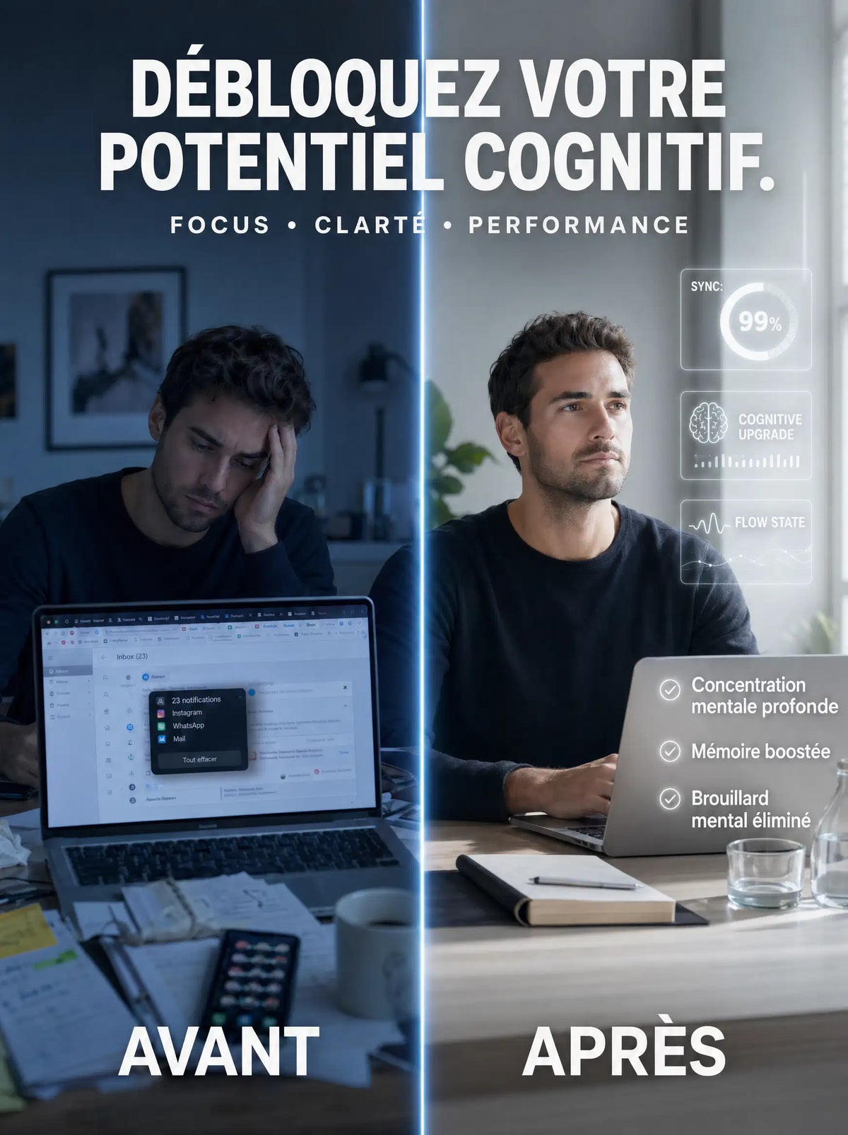 Visuel avant/après illustrant l'effet de FocusMush sur la concentration