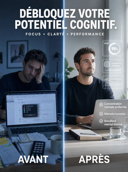 Visuel avant/après illustrant l'effet de FocusMush sur la concentration