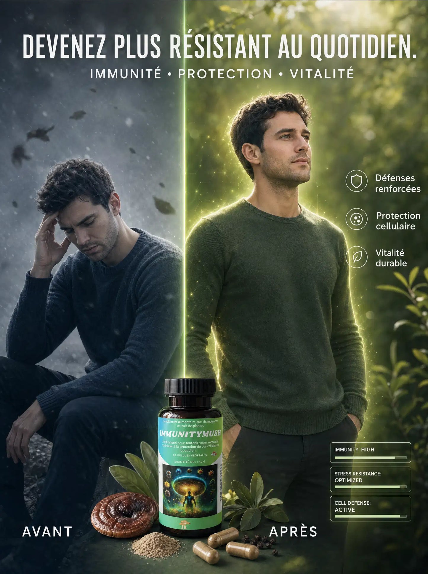 Visuel avant/après illustrant l'effet d'ImmunityMush sur l'immunité