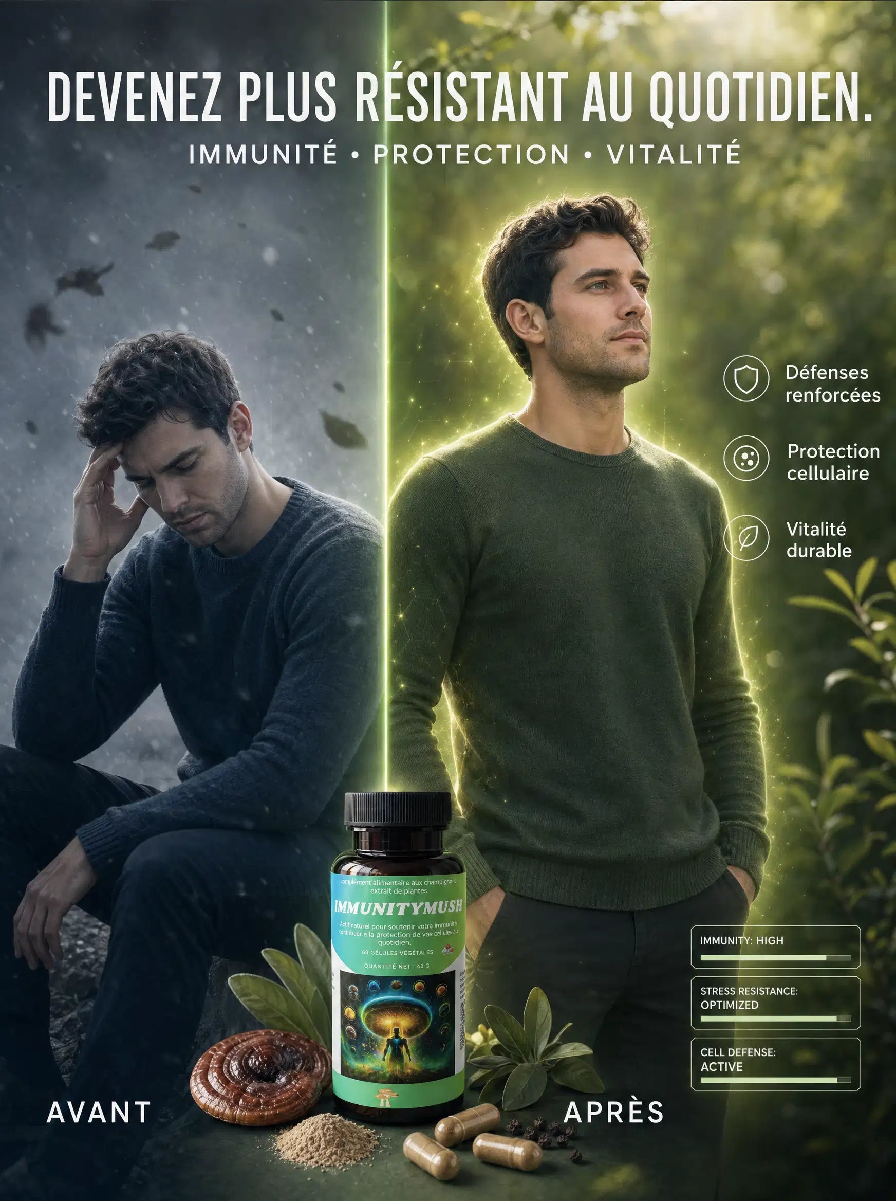 Visuel avant/après illustrant l'effet d'ImmunityMush sur l'immunité