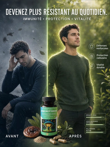 Visuel avant/après illustrant l'effet d'ImmunityMush sur l'immunité