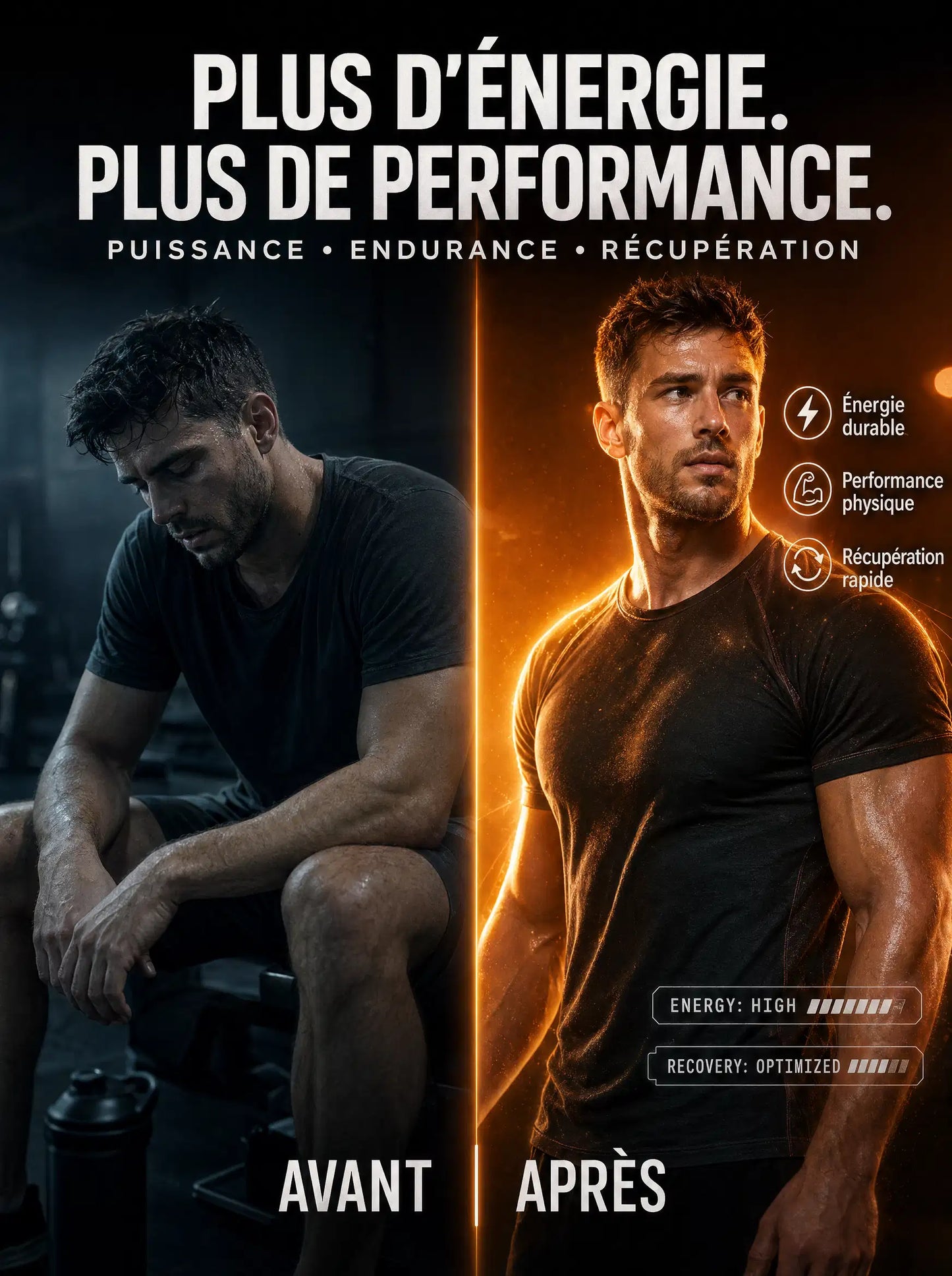 Visuel avant/après illustrant l'effet de PowerMush sur l'énergie