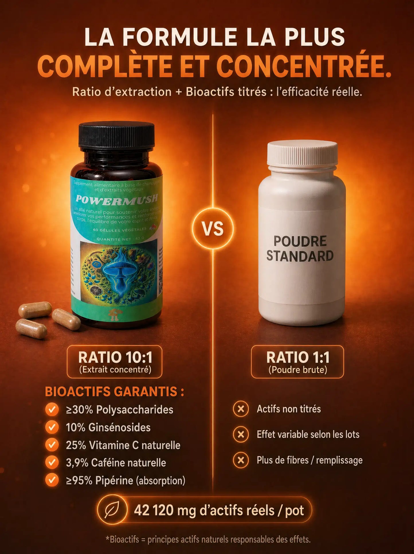Comparaison du ratio d'extraction de PowerMush avec une poudre standard
